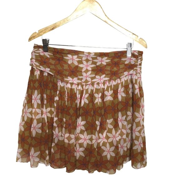 GUAPA Ruched Waist Geo Earthtone Floral Chiffon Mini Skirt M Boho Layered Lined - Picture 1 of 9